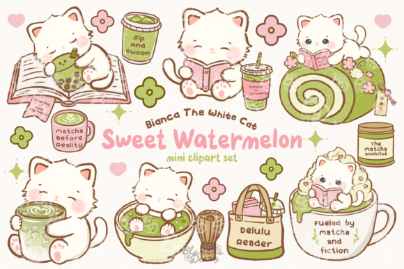 Download Kawaii Bookish Matcha Cat Clipart - Cat Collection