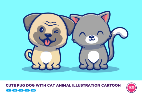Download Cute Pug Dog and Cat Animal Illustration - Cat Collection