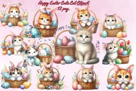 Download Happy Easter Cute Cat Bunny Clipart - Cat Collection