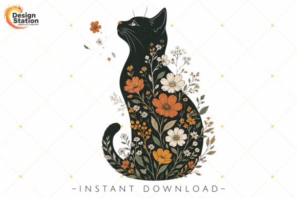 Download Boho Botanical Cat PNG Illustration - Cat Collection