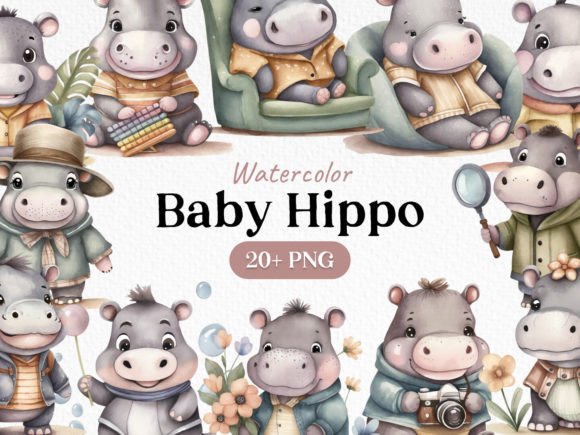 Download Watercolor Bundle Baby Hippo Clipart PNG - Hippo Collection