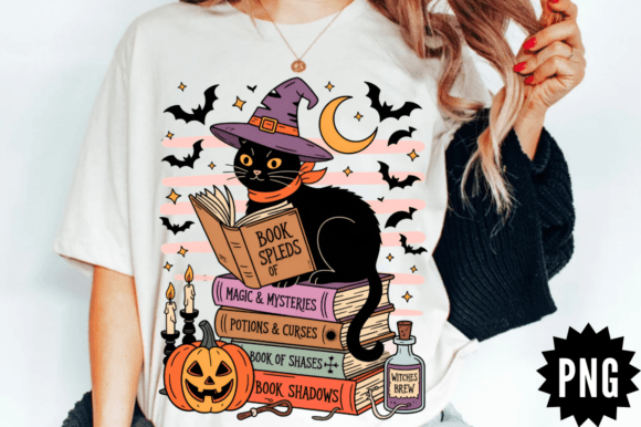 Download Witch Cat Book Stack PNG Clipart Design - Cat Collection